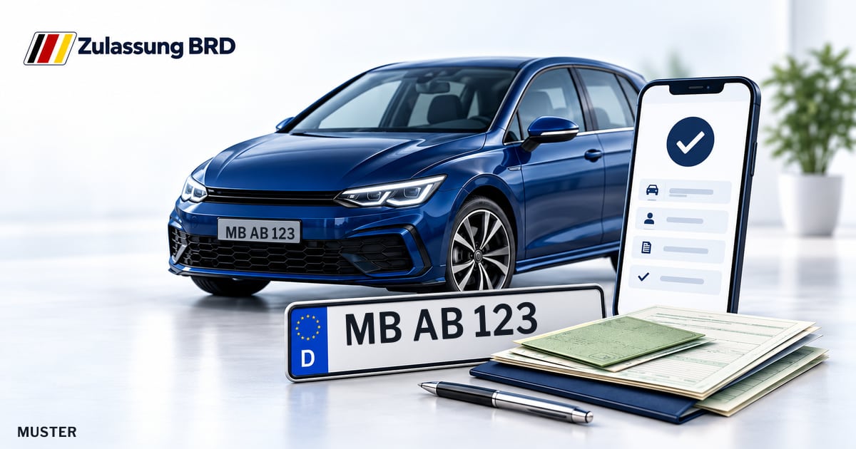 Online Fahrzeugzulassung in Miesbach: Musterkennzeichen MB AB 123, Auto und Fahrzeugpapiere und Smartphone. Illustration mit Logo von Zulassung BRD.